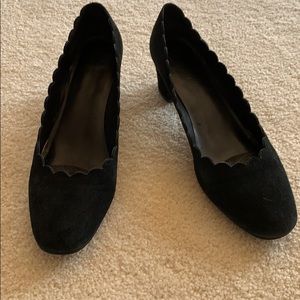 VanEli black suede block heel pump scalloped edge